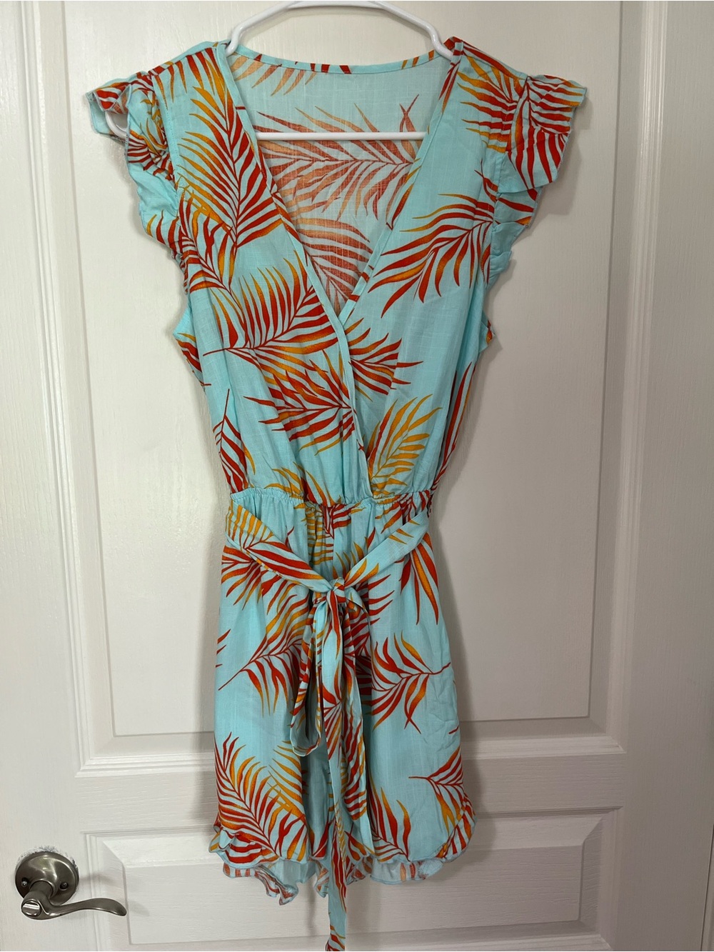 Cupshe Aqua Tropical Palm Print Wrap Romper with Orange & Yellow Leaves